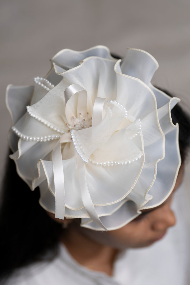 The Nesavu Hair Band Classic Ivory Silk Flower Hair Band with Pearl Edging Nesavu Half white JHB82B Ivory Silk Floral Hair Band with Pearls | Sophisticated Accessory for Bride Events | The Nesavu