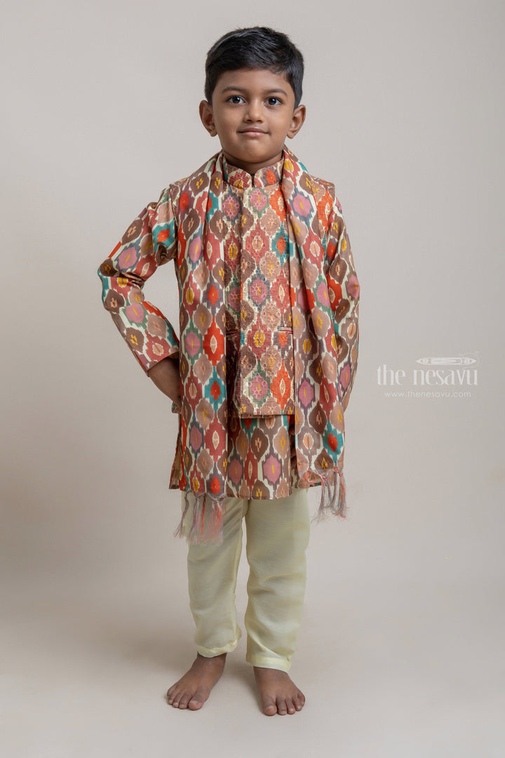 The Nesavu Boys Jacket Sets Classic Multicolor Printed Kurta Set With Overjacket For Boys Nesavu 14 (6M) / multicolor / Chanderi BES292A-14 Shop the Best Ethnic Wear for Boys Online | New Boys Collection