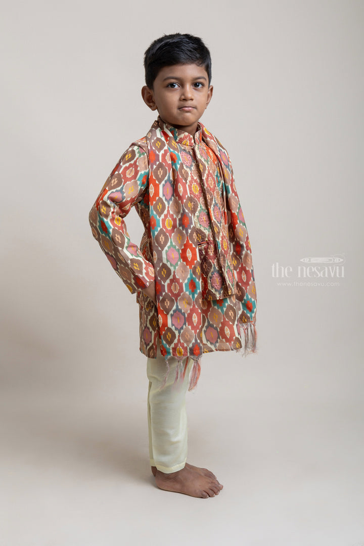 The Nesavu Boys Jacket Sets Classic Multicolor Printed Kurta Set With Overjacket For Boys Nesavu Shop the Best Ethnic Wear for Boys Online | New Boys Collection