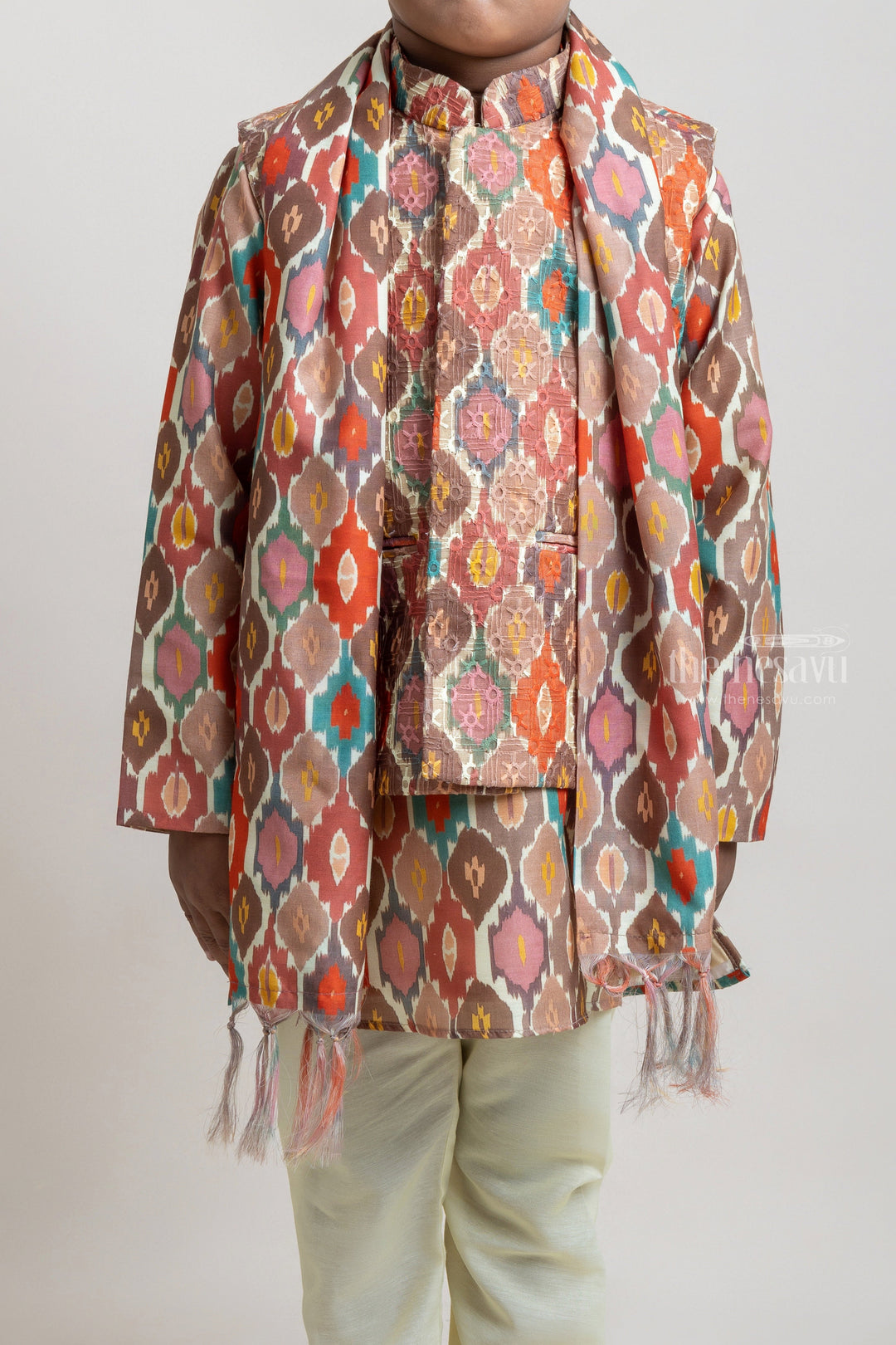 The Nesavu Boys Jacket Sets Classic Multicolor Printed Kurta Set With Overjacket For Boys Nesavu Shop the Best Ethnic Wear for Boys Online | New Boys Collection