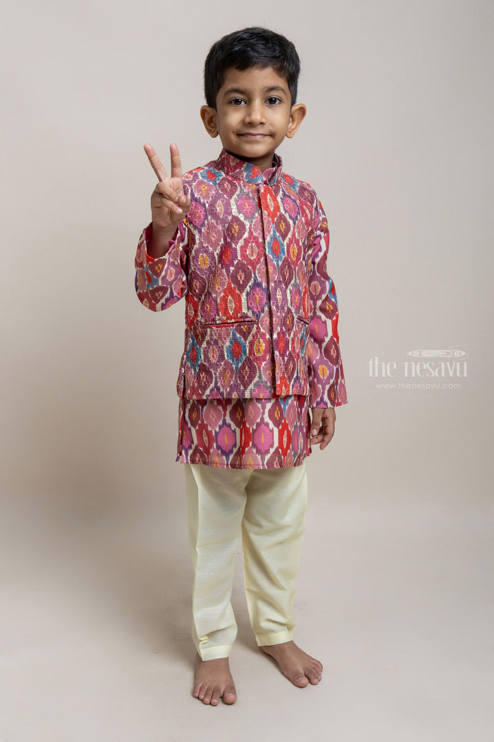 The Nesavu Boys Jacket Sets Classic Multicolor Printed Kurta Set With Overjacket For Boys Nesavu Stylish Boys Kurta Collection | Premium Kurta Set | The Nesavu