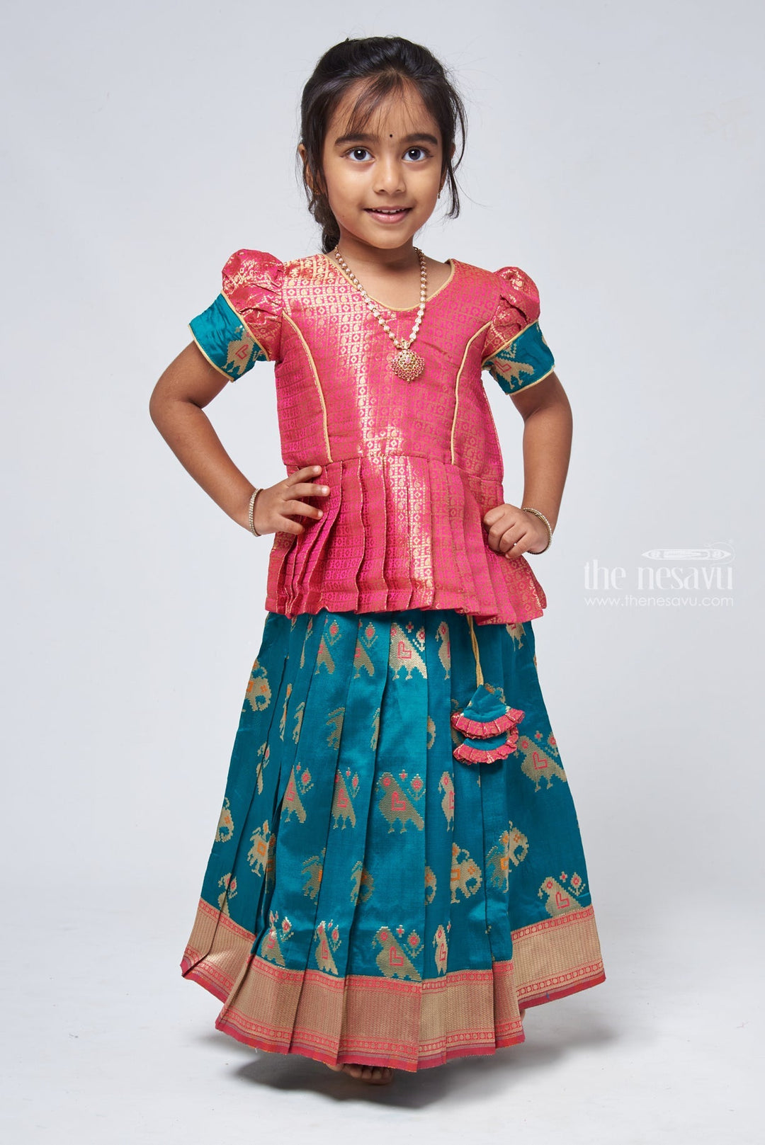 The Nesavu Pattu Pavadai Classic Pattu Langa Silk Peplum Green Blouse with Traditional Pavadai Sattai - Festive Delight Nesavu 14 (6M) / Green / Silk Blend GPP308B-14 Girls Pattu Skirt And Blouse Set | Indian Ethnic Dress For Kids | The Nesavu