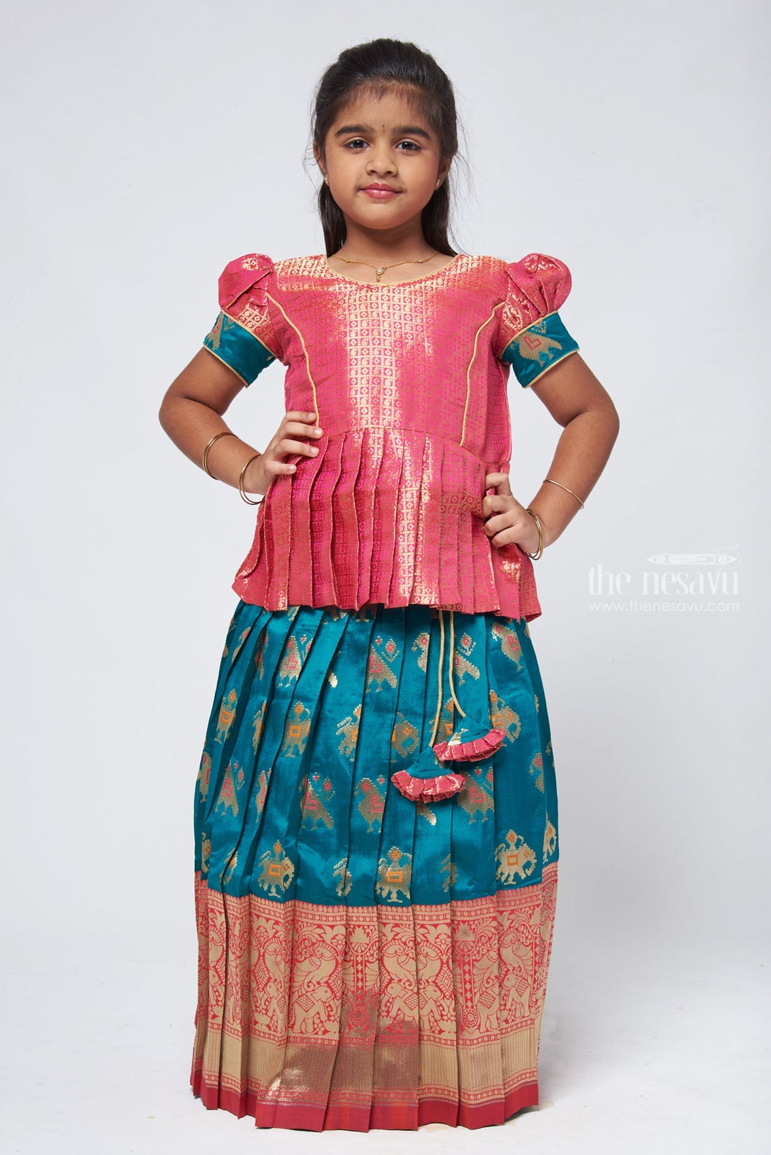 The Nesavu Pattu Pavadai Classic Pattu Langa Silk Peplum Green Blouse with Traditional Pavadai Sattai - Festive Delight Nesavu 24 (5Y) / Green / Silk Blend GPP308A-24 Girls Pattu Skirt And Blouse Set | Indian Ethnic Dress For Kids | The Nesavu