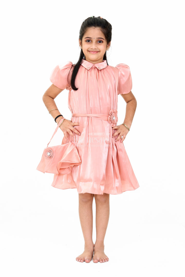 The Nesavu Girls Fancy Frock Classic Plain Georgette Frock with Delicate Floral Belt Accent for Girls Nesavu 20 (3Y) / Beige GFC1529A-20 Plain Georgette Frock Girls Nesavu Elegant Floral Belt Accent