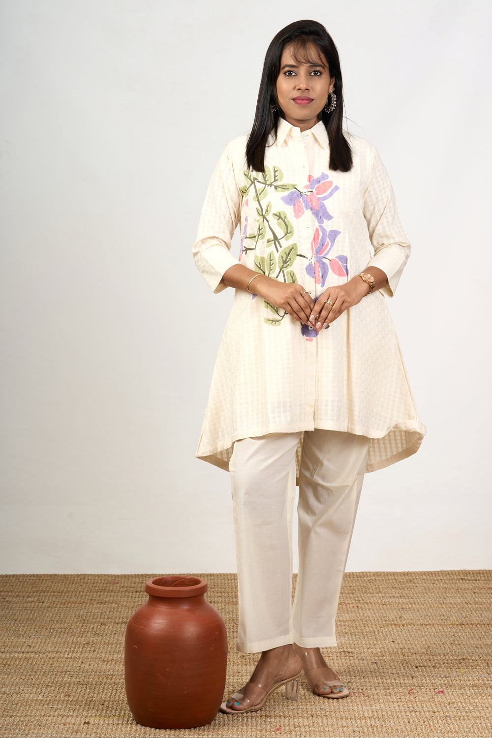 The Nesavu Womens Co-Ord Sets Classic Solid Co Ord Set for Women in White Cotton with Minimalist Embroidery Nesavu Nesavu Classic Solid White Co Ord Set Women Minimalist Floral Embroidery Cotton
