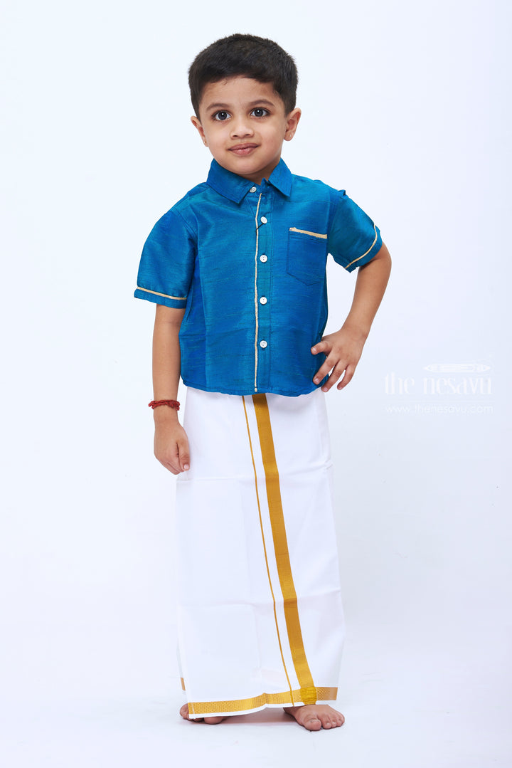 The Nesavu Boys Vesti Classic White and Gold Dothi for Boys Traditional Elegance Nesavu 12 (3M) / White / Cotton D006-12 Elegant Boys White Gold Dothi | Traditional Indian Festive Wear | The Nesavu