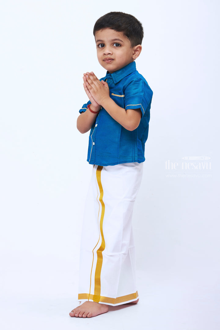 The Nesavu Boys Vesti Classic White and Gold Dothi for Boys Traditional Elegance Nesavu Elegant Boys White Gold Dothi | Traditional Indian Festive Wear | The Nesavu