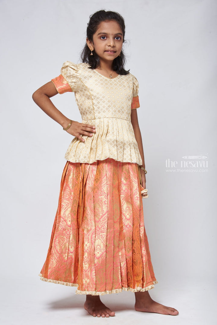 The Nesavu Pattu Pavadai Classy Brocade Beige Peplum Top with Banarasi Salmon Pattu Langa: Authentic Silk Ensemble Nesavu 14 (6M) / Salmon GPP299A-14 Banarasi Designer Pattu Langa | Girls traditional silk dresses | The Nesavu