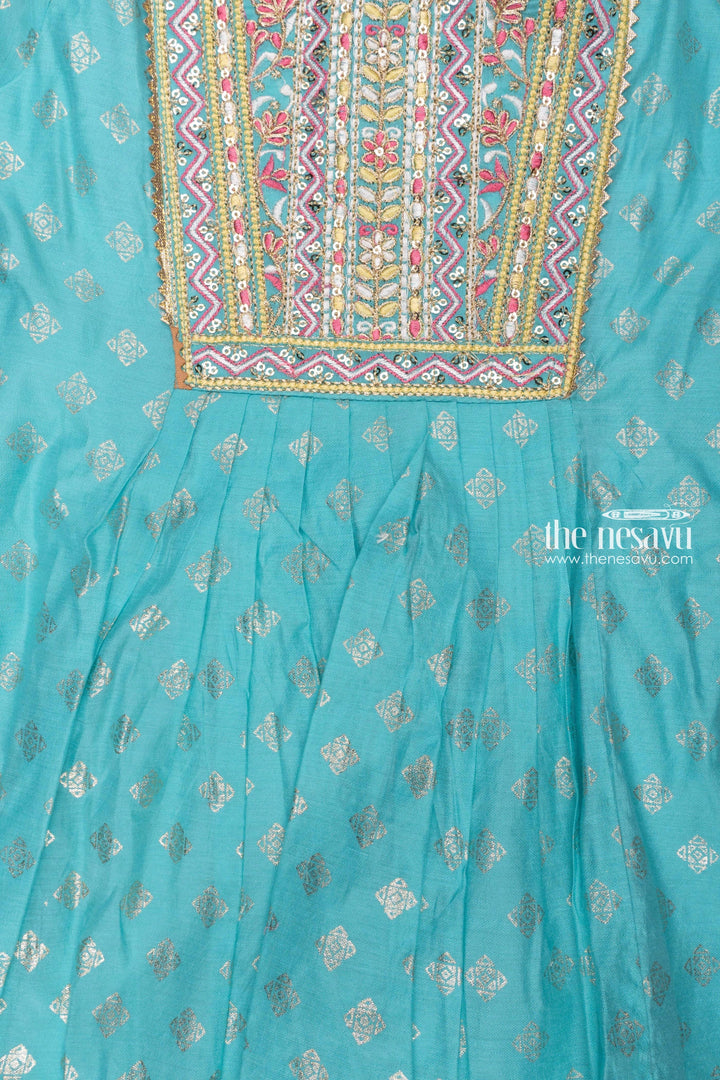 The Nesavu Girls Sharara / Plazo set Classy Sequin Foil Printed Blue Kurti & Yellow Sharara: Festive Elegance for Girls Nesavu Elegant Foil Printed Kurti With Sharara | Festive Charm Designer Suits for Girls | the Nesavu