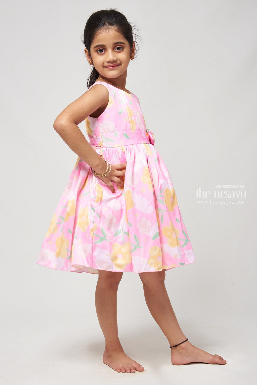 The Nesavu Girls Fancy Frock Cold-Shoulder Design Frock with Puffed Sleeves and Intricate Stitch Details Nesavu Girls’ Boutique Birthday Dress - Knee-length Charm For Casual Outings | The Nesavu