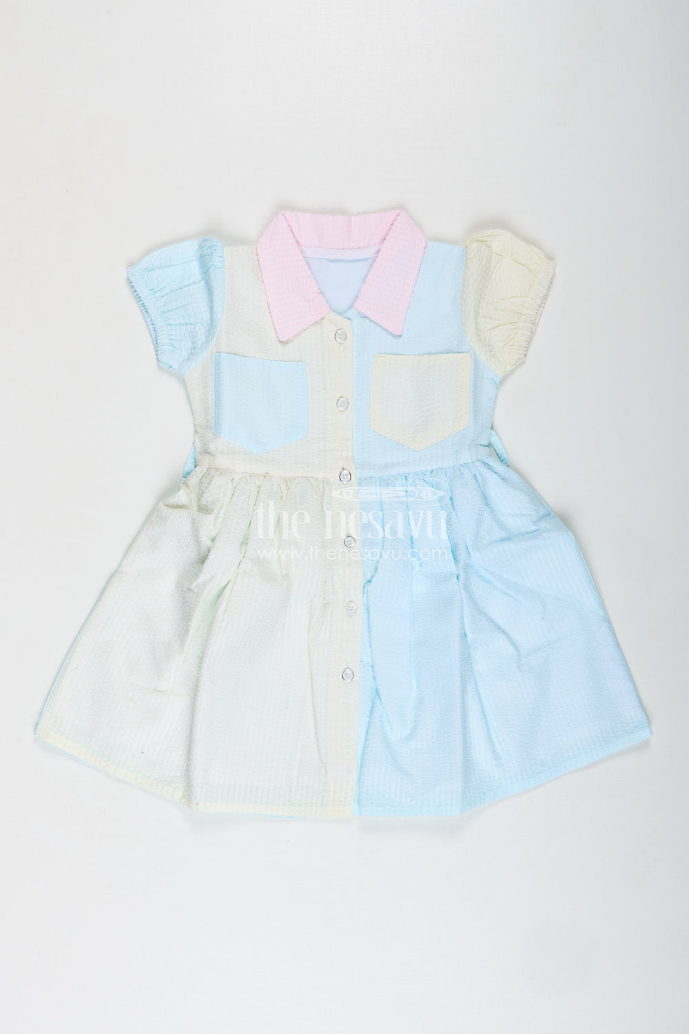 The Nesavu Girls Cotton Frock Colorblock Cotton Frock for Girls School Day Outfit Nesavu 20 (3Y) / Multicolor GFC1842B-20 Nesavu Seersucker Cotton Tunic Frock Girls Smart Collar Color Blocks School