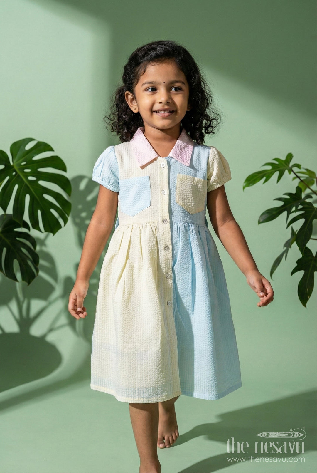 The Nesavu Girls Cotton Frock Colorblock Cotton Frock for Girls School Day Outfit Nesavu 20 (3Y) / Multicolor GFC1842B-20 Nesavu Seersucker Cotton Tunic Frock Girls Smart Collar Color Blocks School