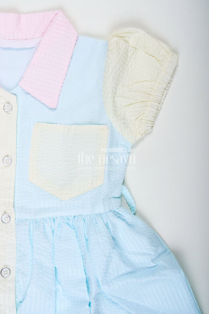 The Nesavu Girls Cotton Frock Colorblock Cotton Frock for Girls School Day Outfit Nesavu Nesavu Seersucker Cotton Tunic Frock Girls Smart Collar Color Blocks School