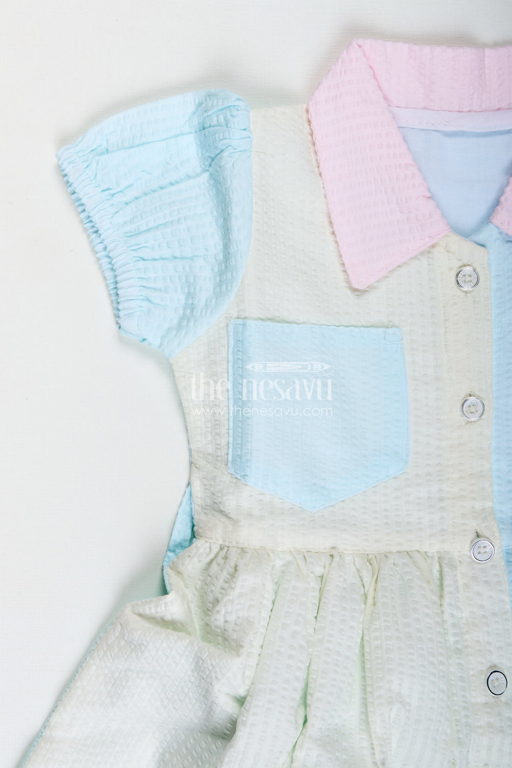 The Nesavu Girls Cotton Frock Colorblock Cotton Frock for Girls School Day Outfit Nesavu Nesavu Seersucker Cotton Tunic Frock Girls Smart Collar Color Blocks School