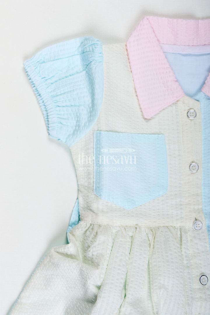 The Nesavu Girls Cotton Frock Colorblock Cotton Frock for Girls School Day Outfit Nesavu Nesavu Seersucker Cotton Tunic Frock Girls Smart Collar Color Blocks School