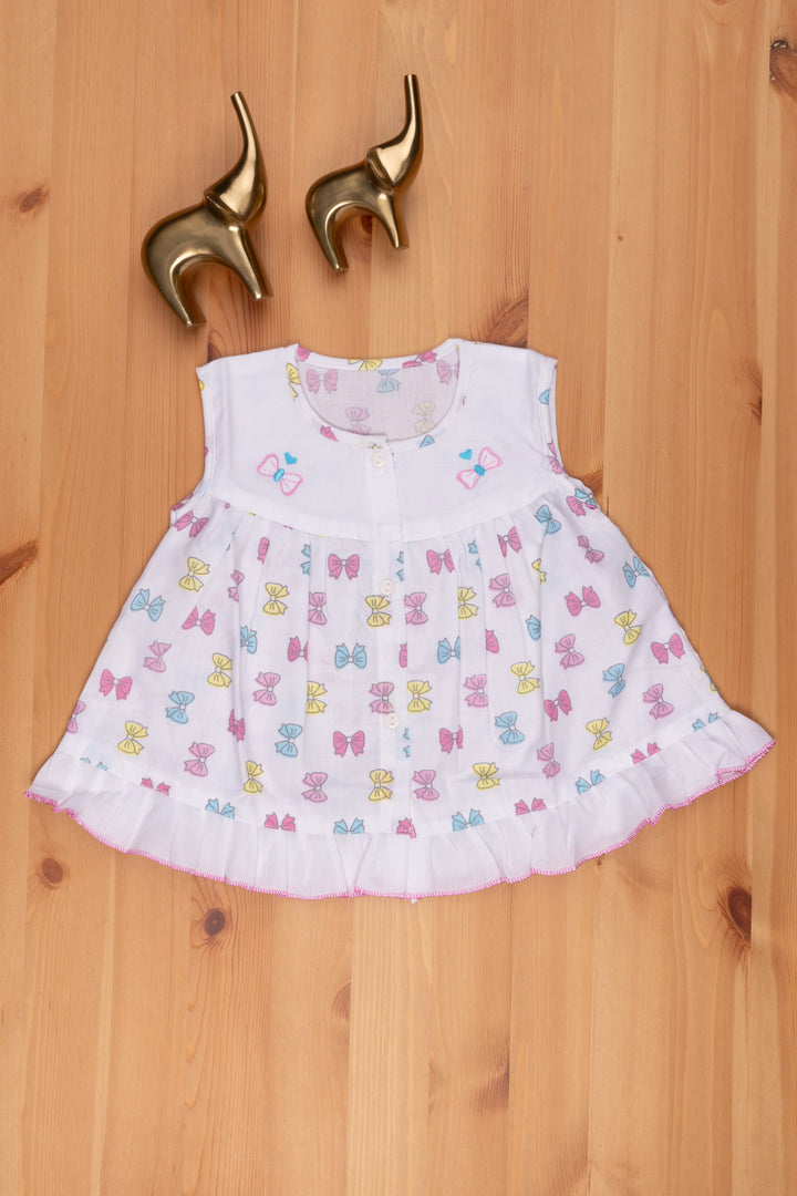 The Nesavu Baby Frock / Jhabla Colorful Bow Print White Dress: Perfect Little Girls Choice Nesavu 12 (3M) / Pink BFJ445A-12 Fancy Baby Dress Online | Printed Fancy Frock For Girls | The Nesavu