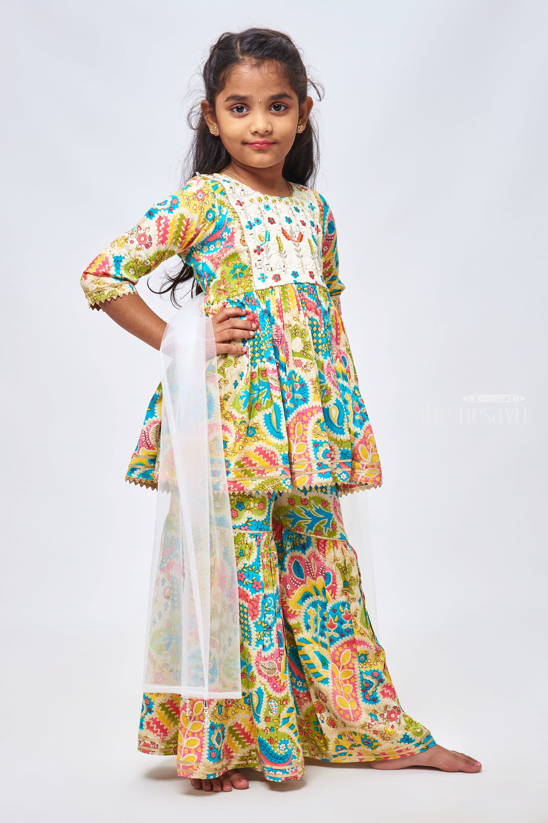 The Nesavu Girls Sharara / Plazo Set Colorful Floral Set: Exquisite Multicolored Kurti with Gharara & Dupatta - Traditional Indian Clothing for Vibrant Girls Nesavu 16 (1Y) / Green / Modal GPS204A-16 Fashionable Girls Kurti and Gharara Collection | Stylish Kurti with Gharara for Kids | The Nesavu