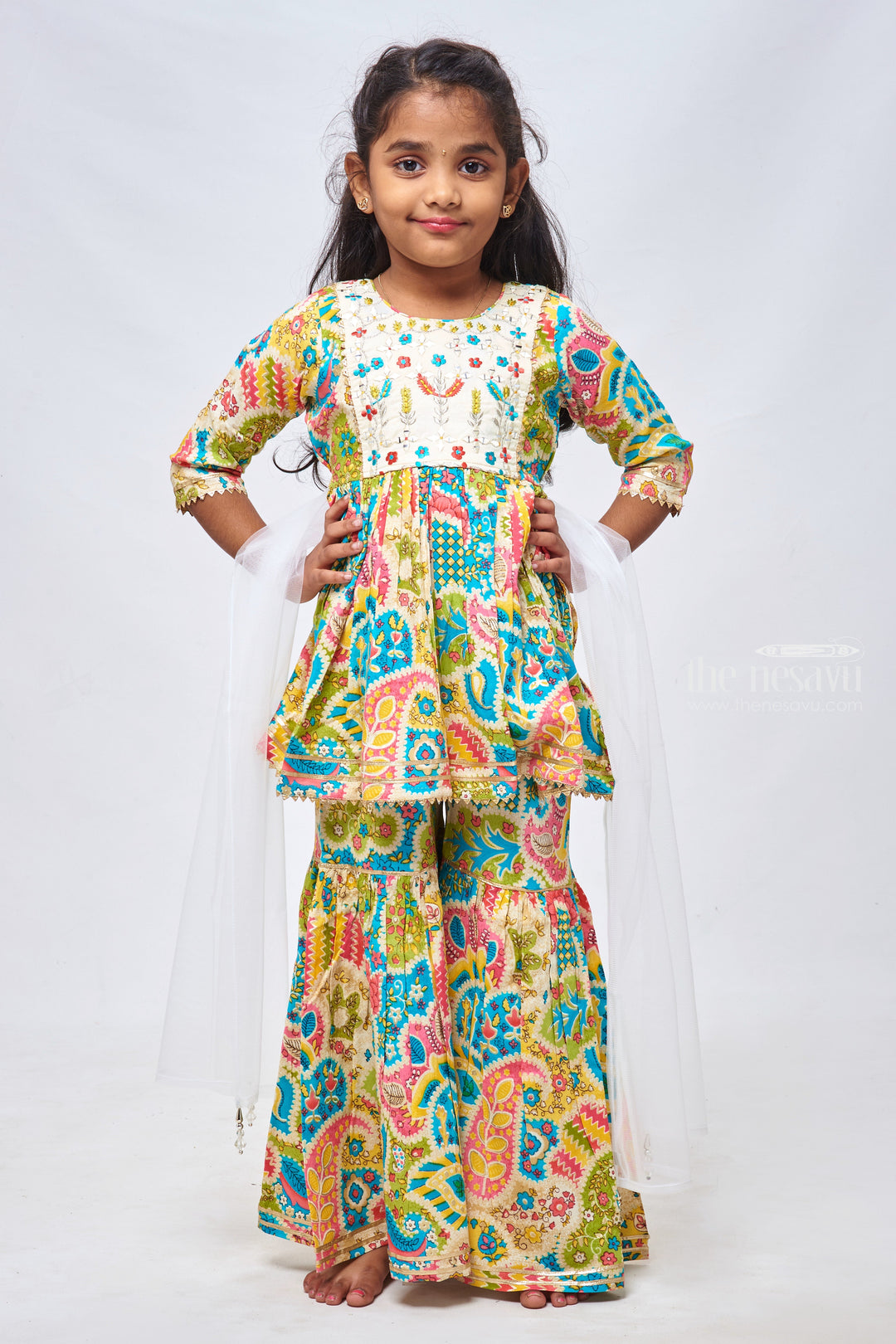 The Nesavu Girls Sharara / Plazo Set Colorful Floral Set: Exquisite Multicolored Kurti with Gharara & Dupatta - Traditional Indian Clothing for Vibrant Girls Nesavu 16 (1Y) / Green / Modal GPS204A-16 Fashionable Girls Kurti and Gharara Collection | Stylish Kurti with Gharara for Kids | The Nesavu