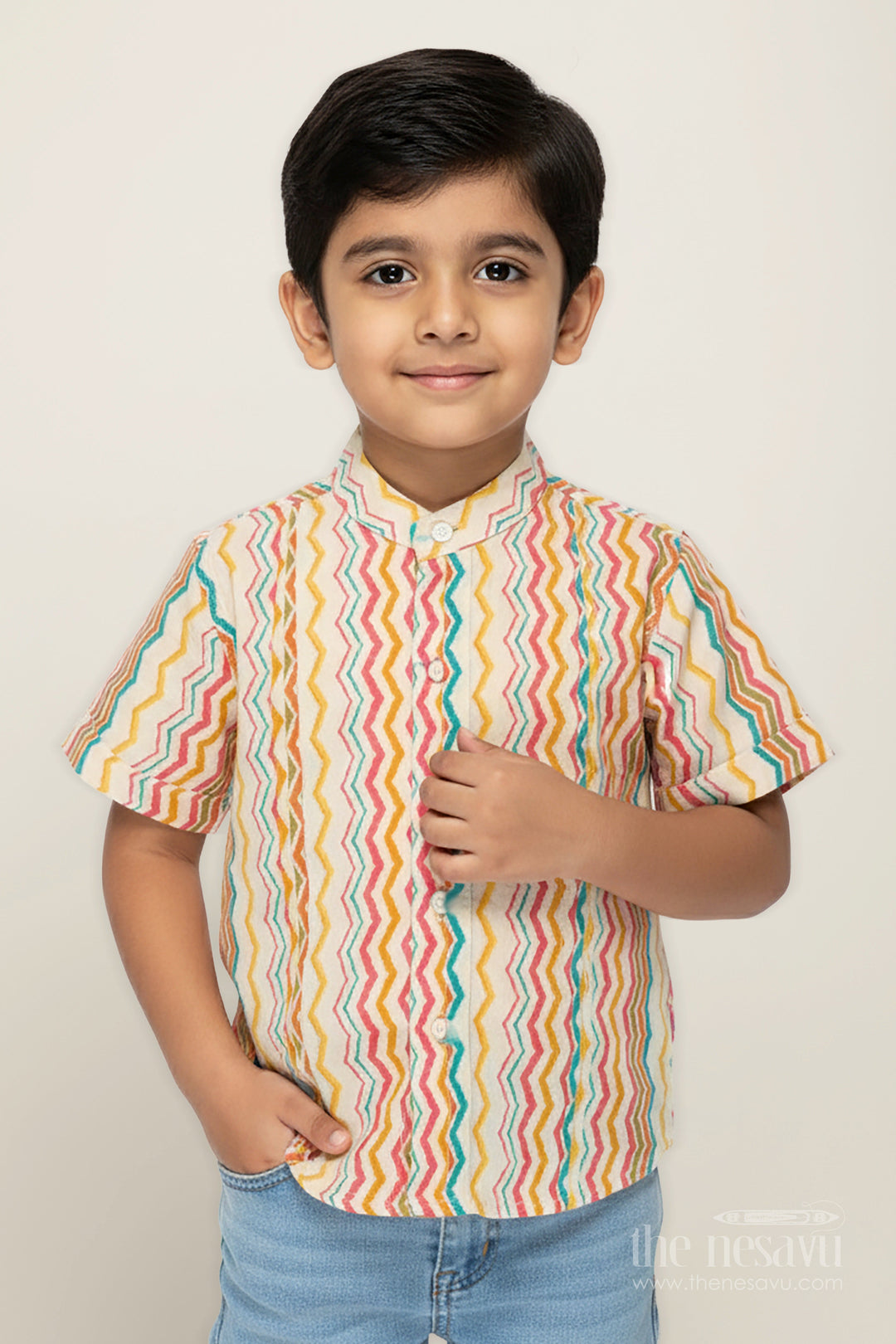 The Nesavu Boys Cotton Shirt Colorful Striped Shirt for Ethnic Day At School with Vibrant Zigzag Print in Bright Festive Tones Nesavu 16 (1Y) / Multicolor BS264A-16 Nesavu Boys Ethnic Day Cotton Shirt Vibrant Zigzag Digital Print Festive Multi Colors