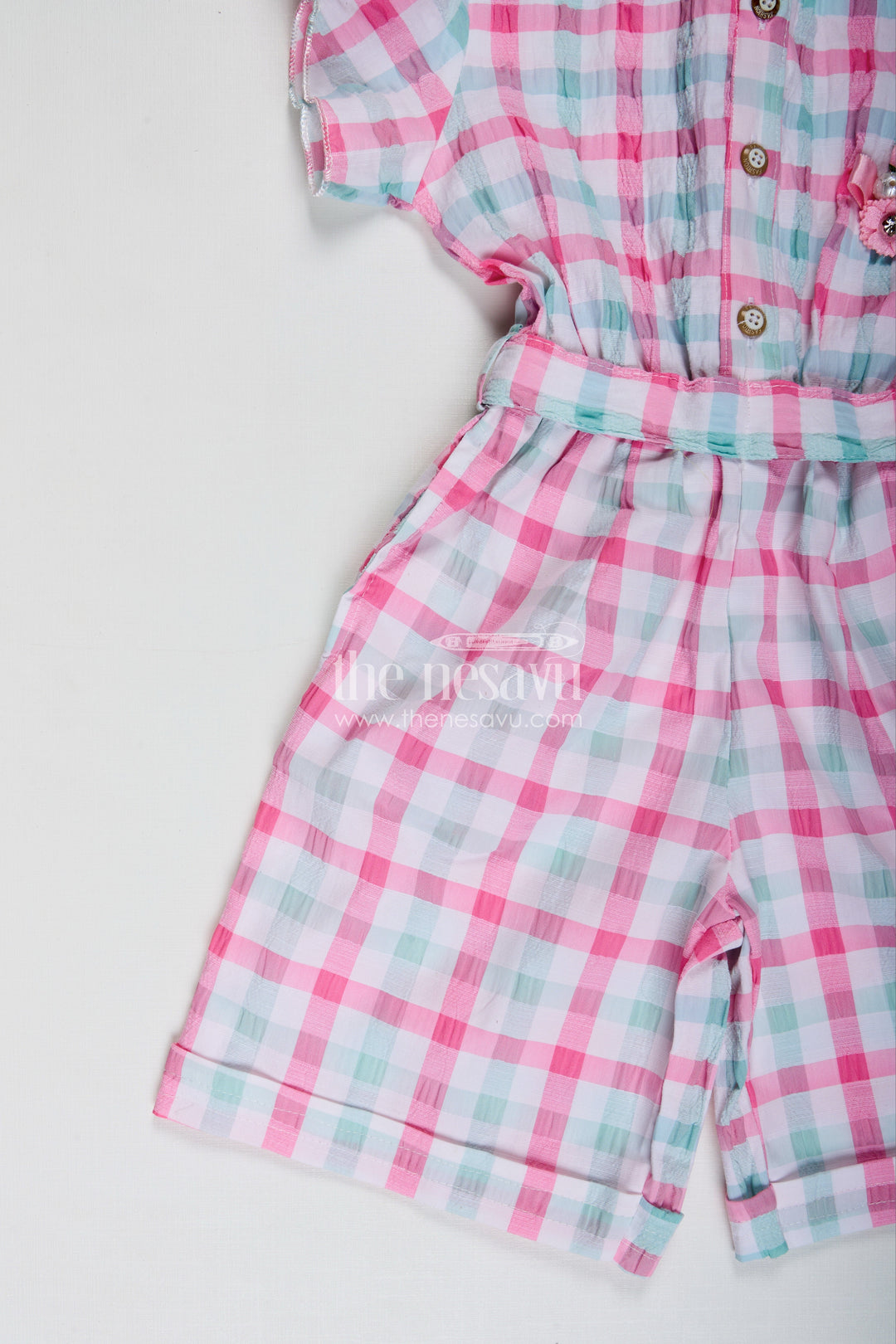 The Nesavu Girls Dungarees Comfortable Baby Casual Set Playsuit for Everyday Wear Nesavu Nesavu Green Checked Cotton Ethnic Playsuit Girls Dupatta Floral Applique