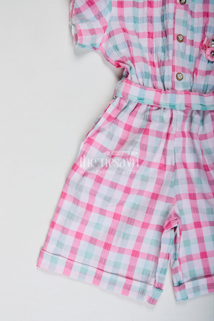 The Nesavu Girls Dungarees Comfortable Baby Casual Set Playsuit for Everyday Wear Nesavu Nesavu Green Checked Cotton Ethnic Playsuit Girls Dupatta Floral Applique