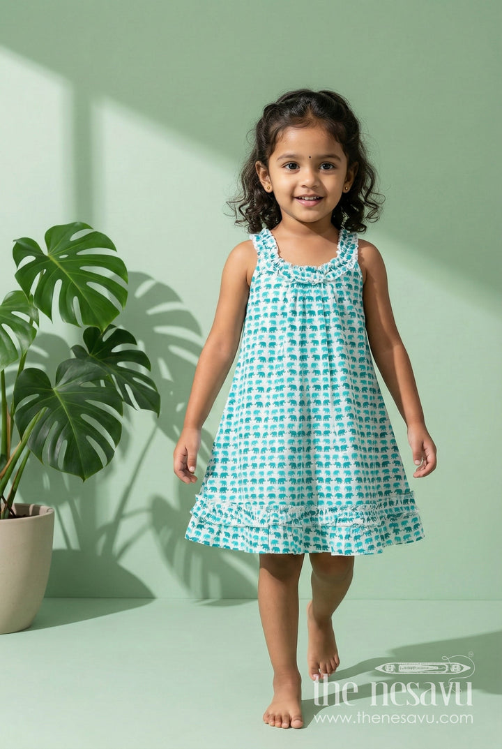 The Nesavu Girls Cotton Frock Comfortable Cotton Frock for Kids with Hand Block Leafy Print and Ruffled Finish in Soothing Green Nesavu 18 (2Y) / Blue GFC1795B-18 Nesavu Comfortable Cotton Frock Kids Green Hand Block Leaf Print Light Ruffle Design