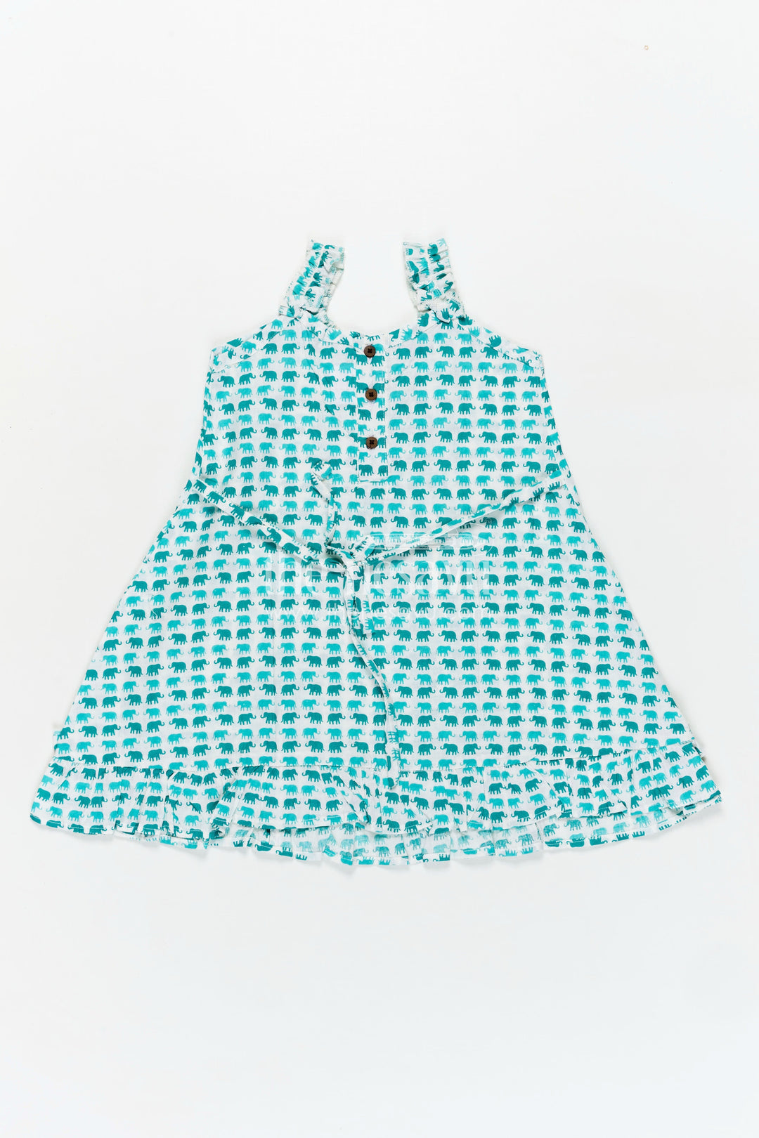 The Nesavu Girls Cotton Frock Comfortable Cotton Frock for Kids with Hand Block Leafy Print and Ruffled Finish in Soothing Green Nesavu Nesavu Comfortable Cotton Frock Kids Green Hand Block Leaf Print Light Ruffle Design