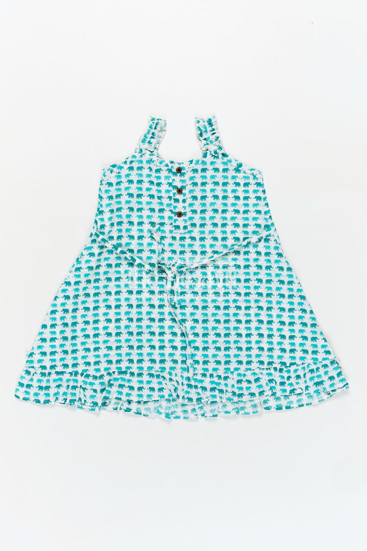 The Nesavu Girls Cotton Frock Comfortable Cotton Frock for Kids with Hand Block Leafy Print and Ruffled Finish in Soothing Green Nesavu Nesavu Comfortable Cotton Frock Kids Green Hand Block Leaf Print Light Ruffle Design