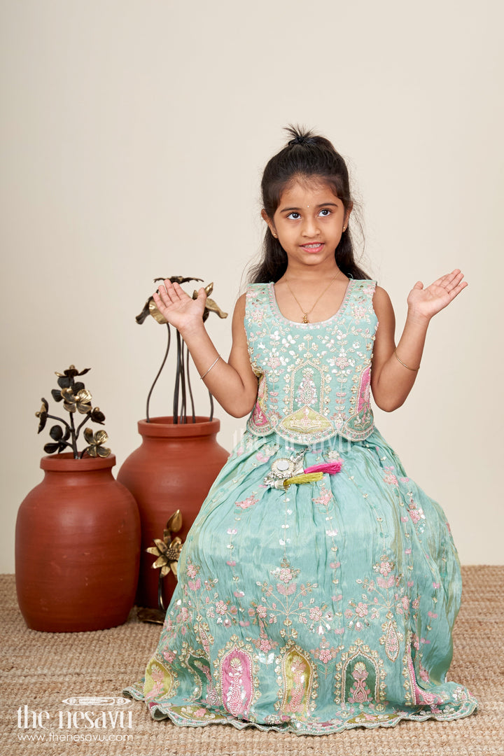 The Nesavu Girls Lehenga Choli Comfortable Lehenga Choli for Girls for Festivals in Aqua Blue with Mirror Embroidery and Pastel Highlights Nesavu 18 (2Y) / Blue GL619C-18 Nesavu Aqua Blue Lehenga Choli Girls Mirror Floral Embroidery Festivals