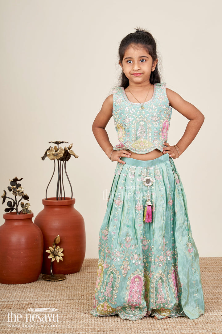 The Nesavu Girls Lehenga Choli Comfortable Lehenga Choli for Girls for Festivals in Aqua Blue with Mirror Embroidery and Pastel Highlights Nesavu Nesavu Aqua Blue Lehenga Choli Girls Mirror Floral Embroidery Festivals