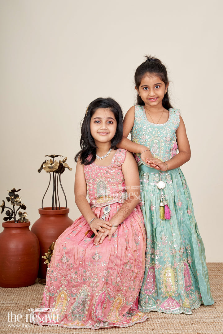 The Nesavu Girls Lehenga Choli Comfortable Lehenga Choli for Girls for Festivals in Aqua Blue with Mirror Embroidery and Pastel Highlights Nesavu Nesavu Aqua Blue Lehenga Choli Girls Mirror Floral Embroidery Festivals