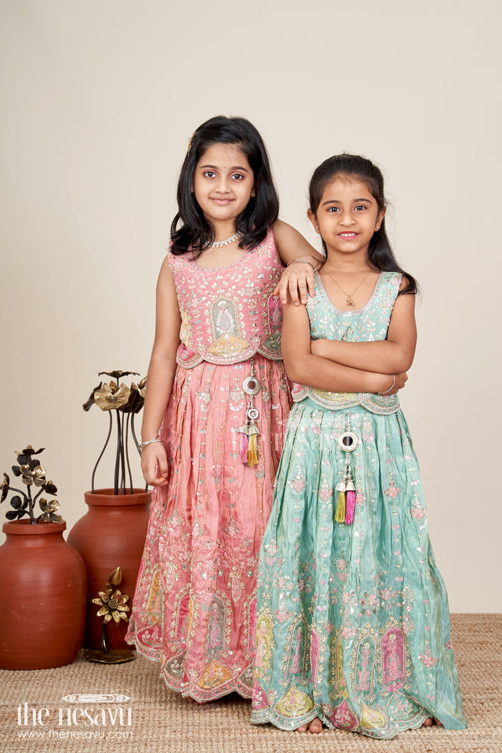 The Nesavu Girls Lehenga Choli Comfortable Lehenga Choli for Girls for Festivals in Aqua Blue with Mirror Embroidery and Pastel Highlights Nesavu Nesavu Aqua Blue Lehenga Choli Girls Mirror Floral Embroidery Festivals