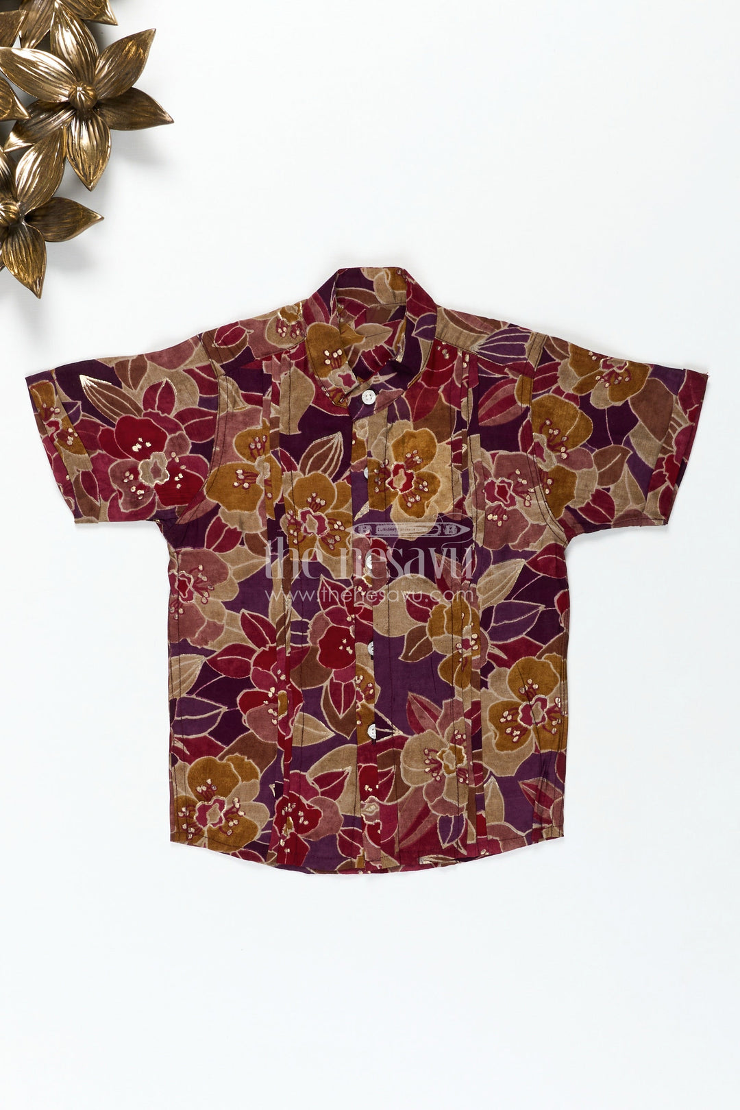 The Nesavu Boys Cotton Shirt Comfortable Shirt for Toddler Boys with Floral Digital Print in Maroon and Mustard Tones for Everyday Ease Nesavu 16 (1Y) / Brown BS259A-16 Nesavu Toddler Boys Comfortable Cotton Shirt Bold Floral Digital Print Everyday Wear