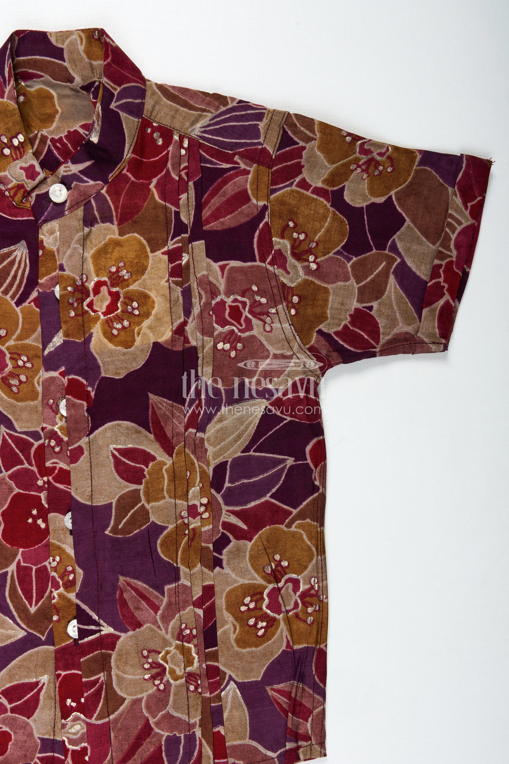 The Nesavu Boys Cotton Shirt Comfortable Shirt for Toddler Boys with Floral Digital Print in Maroon and Mustard Tones for Everyday Ease Nesavu Nesavu Toddler Boys Comfortable Cotton Shirt Bold Floral Digital Print Everyday Wear