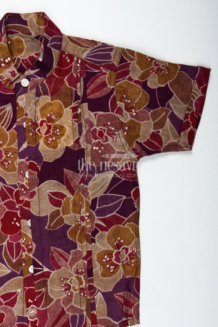 The Nesavu Boys Cotton Shirt Comfortable Shirt for Toddler Boys with Floral Digital Print in Maroon and Mustard Tones for Everyday Ease Nesavu Nesavu Toddler Boys Comfortable Cotton Shirt Bold Floral Digital Print Everyday Wear