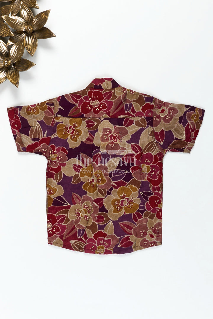 The Nesavu Boys Cotton Shirt Comfortable Shirt for Toddler Boys with Floral Digital Print in Maroon and Mustard Tones for Everyday Ease Nesavu Nesavu Toddler Boys Comfortable Cotton Shirt Bold Floral Digital Print Everyday Wear