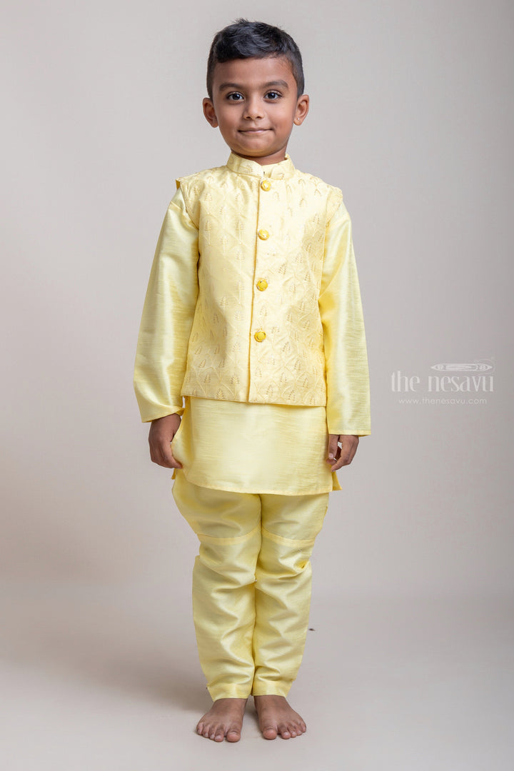 The Nesavu Boys Jacket Sets Complete Yellow Kurta Set With Printed Overjacket For Baby Boys Nesavu 14 (6M) / Yellow / Silk Blend BES267B Yellow Kurta Set Collection For Boys| Festive Special| The Nesavu