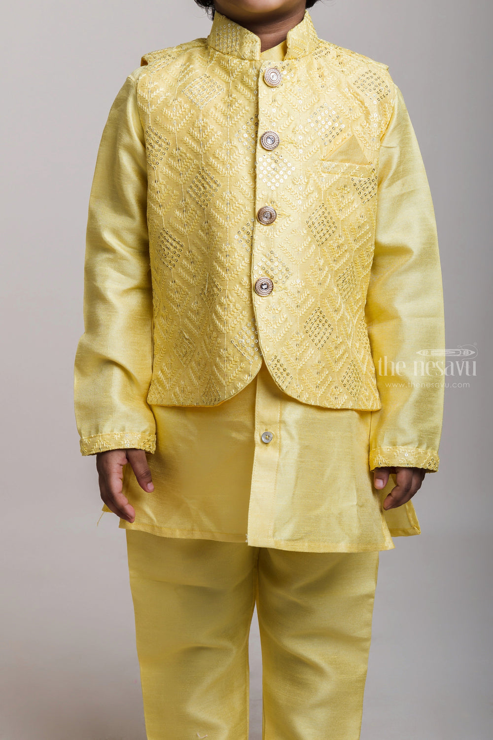 The Nesavu Boys Jacket Sets Complete Yellow Kurta Set With Printed Overjacket For Baby Boys Nesavu Yellow Kurta Set Collection For Boys| Festive Special| The Nesavu