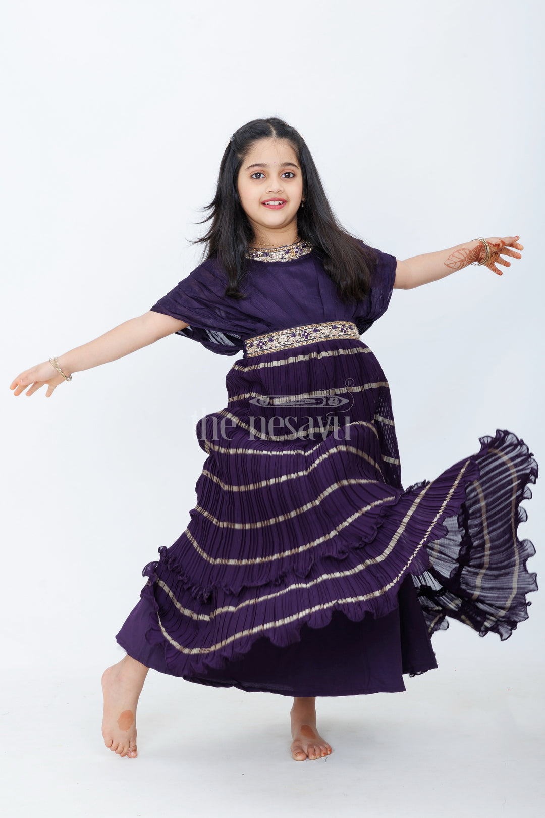 The Nesavu Girls Silk Gown Copper Shimmer Tissue Girls Silk Gown with Multicolored Border and Floral Waist Embroidery Nesavu 24 (5Y) / Purple GA271A-24 Nesavu Copper Shimmer Girls Silk Gown Multicolored Border Embroidered Floral Waist