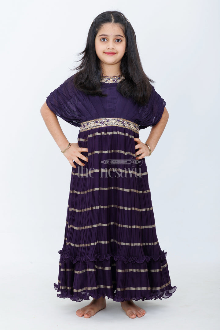 The Nesavu Girls Silk Gown Copper Shimmer Tissue Girls Silk Gown with Multicolored Border and Floral Waist Embroidery Nesavu Nesavu Copper Shimmer Girls Silk Gown Multicolored Border Embroidered Floral Waist