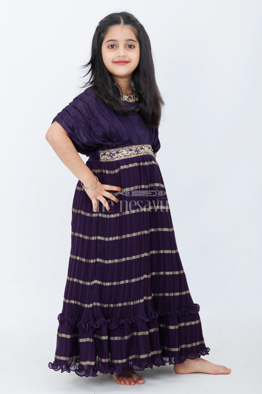 The Nesavu Girls Silk Gown Copper Shimmer Tissue Girls Silk Gown with Multicolored Border and Floral Waist Embroidery Nesavu Nesavu Copper Shimmer Girls Silk Gown Multicolored Border Embroidered Floral Waist