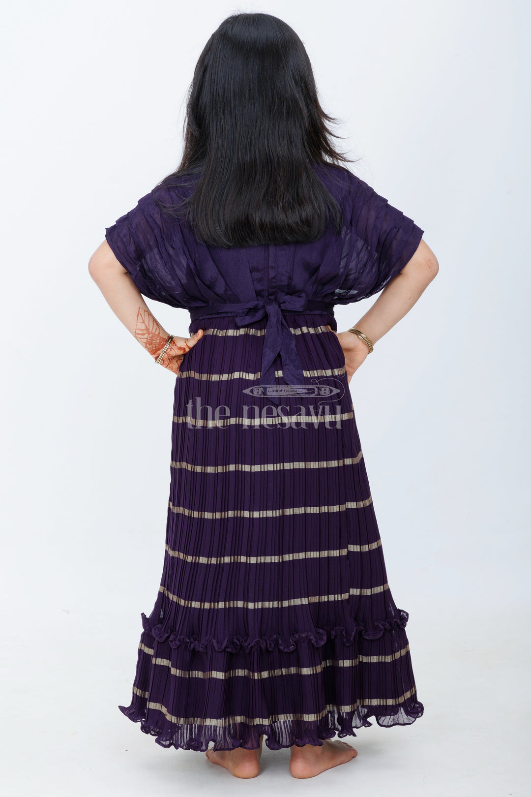The Nesavu Girls Silk Gown Copper Shimmer Tissue Girls Silk Gown with Multicolored Border and Floral Waist Embroidery Nesavu Nesavu Copper Shimmer Girls Silk Gown Multicolored Border Embroidered Floral Waist
