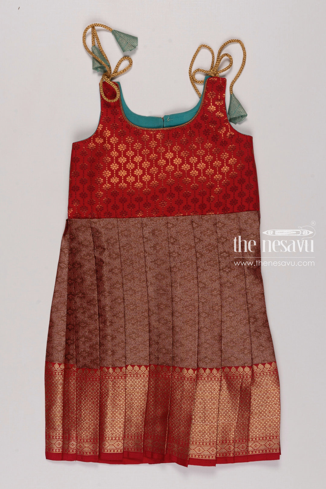 The Nesavu Tie-up Frock Coral and Coffee Silk Blend TieUp Frock for Girls  Traditional Charm Nesavu 16 (1Y) / Brown / Silk T265G-16 Girls Silk Blend Frock in Coral and Coffee | Ethnic Occasion Wear | The Nesavu