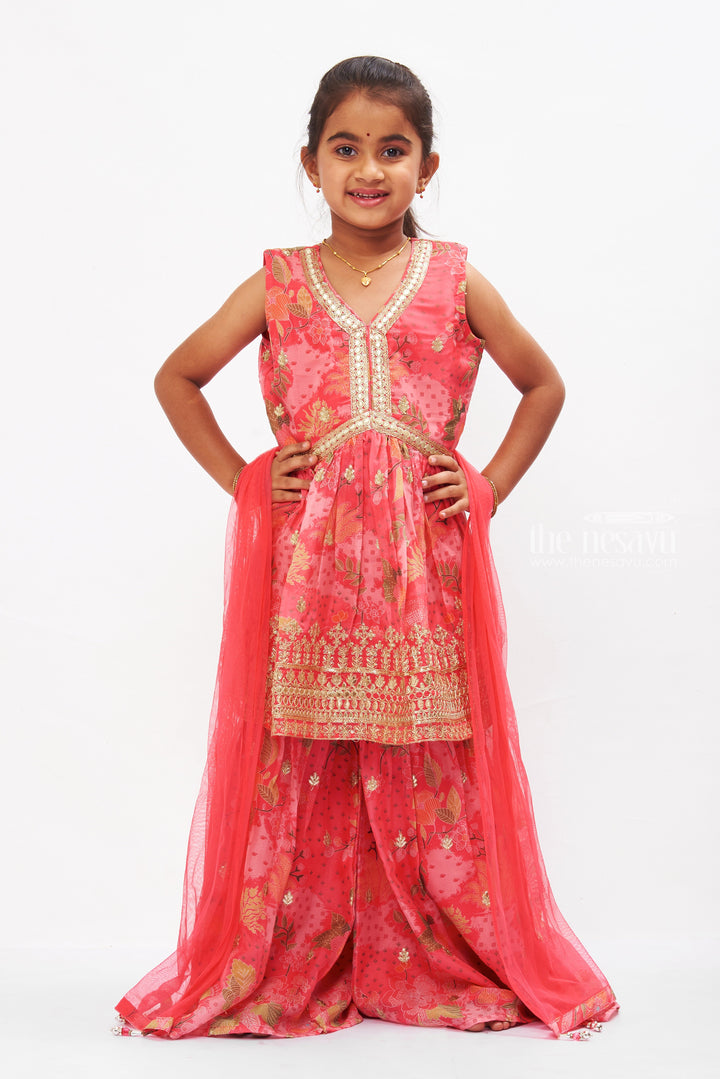 The Nesavu Girls Sharara / Plazo Set Coral Charm Aliacut Kurti with Gharara Pant Set for Girls Nesavu 28 (7Y) / Pink GPS277A-28 Girls Coral Aliacut Kurti & Gharara Set | Festive Traditional Wear | The Nesavu