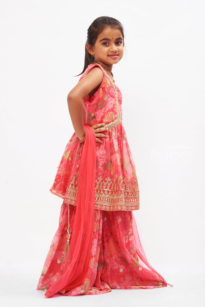 The Nesavu Girls Sharara / Plazo Set Coral Charm Aliacut Kurti with Gharara Pant Set for Girls Nesavu Girls Coral Aliacut Kurti & Gharara Set | Festive Traditional Wear | The Nesavu