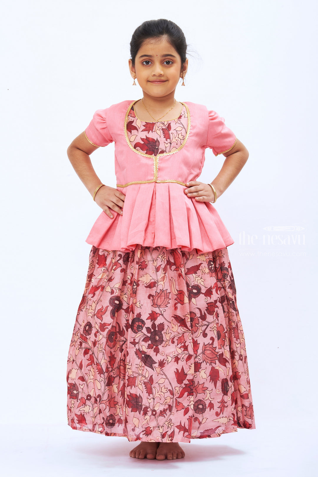 The Nesavu Girls Silk Gown Coral Charm: Autumn Floral Peplum Dress with Gold Trim for Girls Nesavu 16 (1Y) / Pink / Chanderi GA188A-16 Girls' Coral Floral Peplum Dress with Gold Trim | The Nesavu Collection