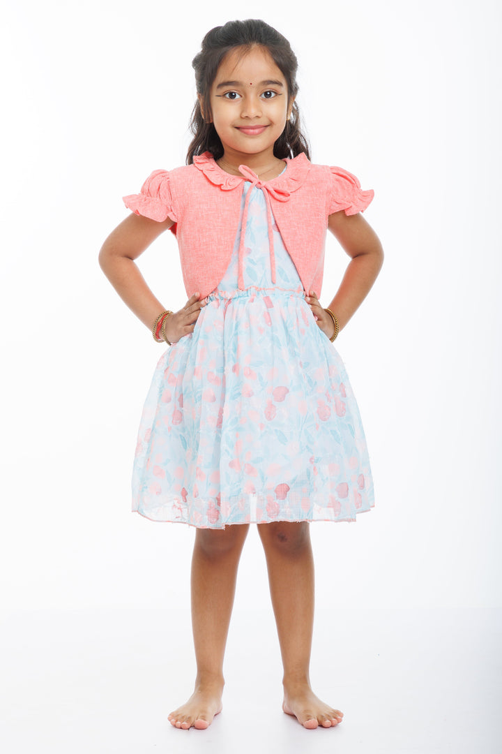 The Nesavu Girls Fancy Frock Coral Charm Girls Fancy Frock with Floral Sheer Jacket Nesavu 20 (3Y) / Orange / Georgette GFC1275A-20 Girls Coral Fancy Frock with Floral Sheer Jacket | Elegant Party Wear | The Nesavu