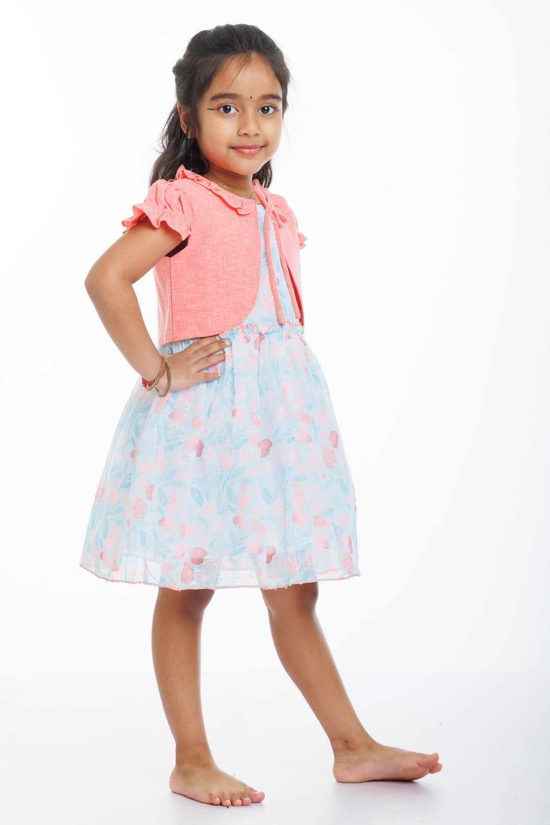 The Nesavu Girls Fancy Frock Coral Charm Girls Fancy Frock with Floral Sheer Jacket Nesavu Girls Coral Fancy Frock with Floral Sheer Jacket | Elegant Party Wear | The Nesavu