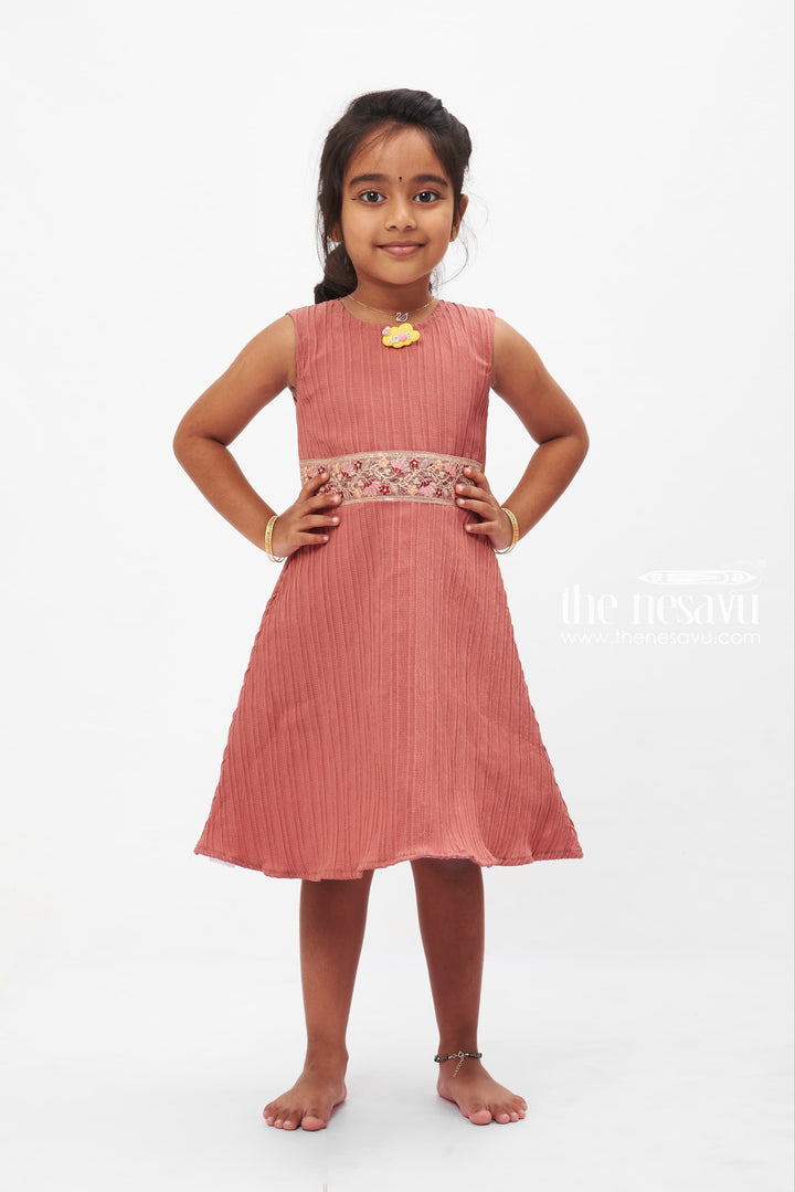 The Nesavu Girls Fancy Frock Coral Charm Pleated Dress: Sleeveless Delight with Floral Brooch for Girls Nesavu 18 (2Y) / Pink GFC1216B-18 Girls' Coral Pleated Dress with Floral Brooch | Vibrant Party Wear | The Nesavu