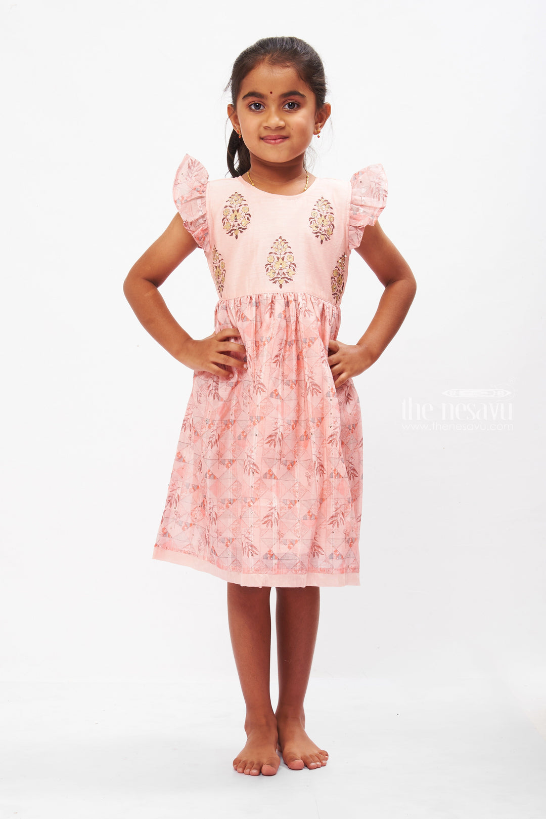 The Nesavu Girls Cotton Frock Coral Cotton Frock with Embellished Bodice and Ruffled Sleeves for Girls Nesavu 16 (1Y) / Pink GFC1235A-16 Girls Chic Cotton Dress Designs | Coral Frock with Ruffle Detail | The Nesavu